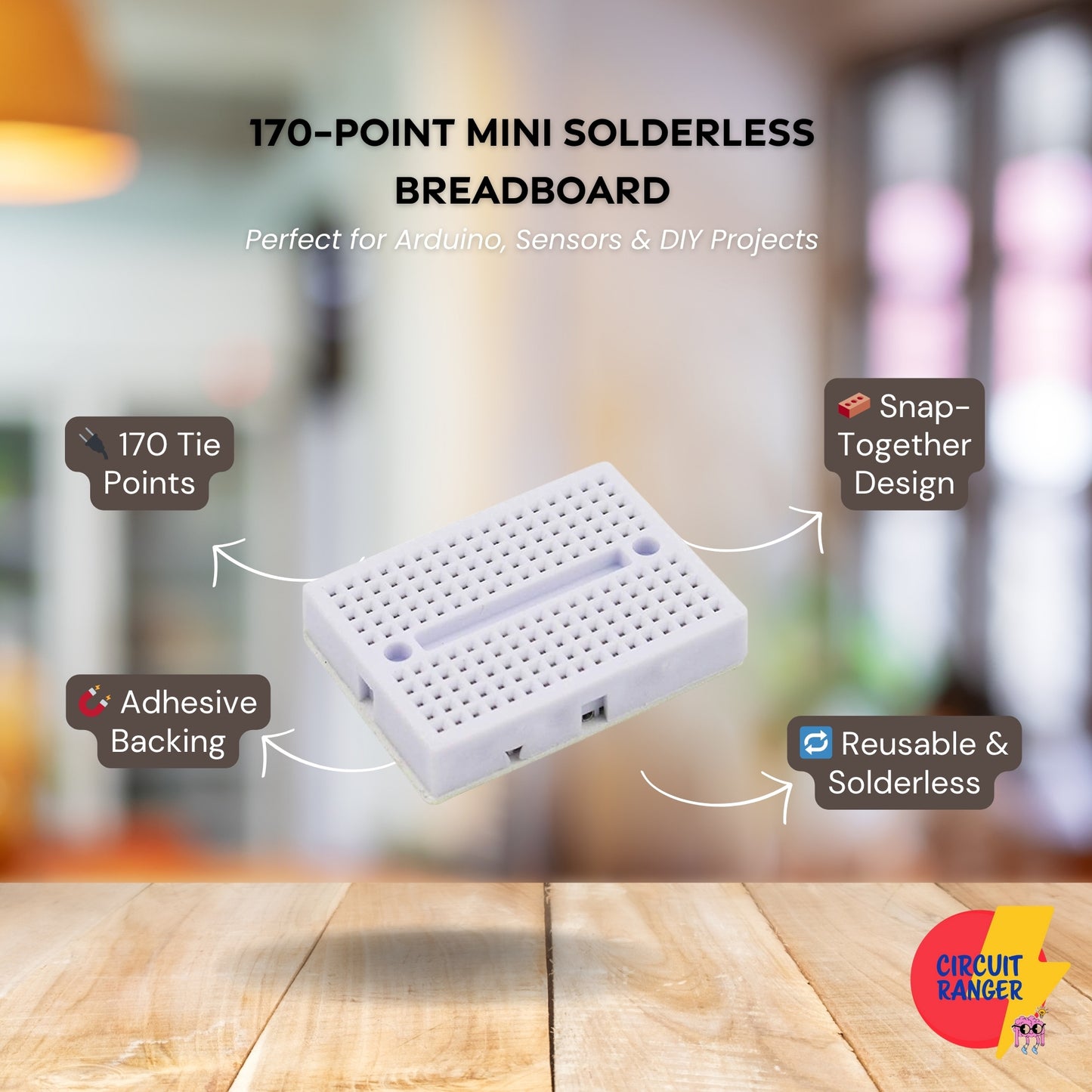 Circuit Ranger 170 Point Mini Solderless Breadboard – Reusable Prototype Mini Bread Board with Adhesive Back for Arduino, ESP32, Raspberry Pi, STEM DIY Electronics Projects - Pack of 2