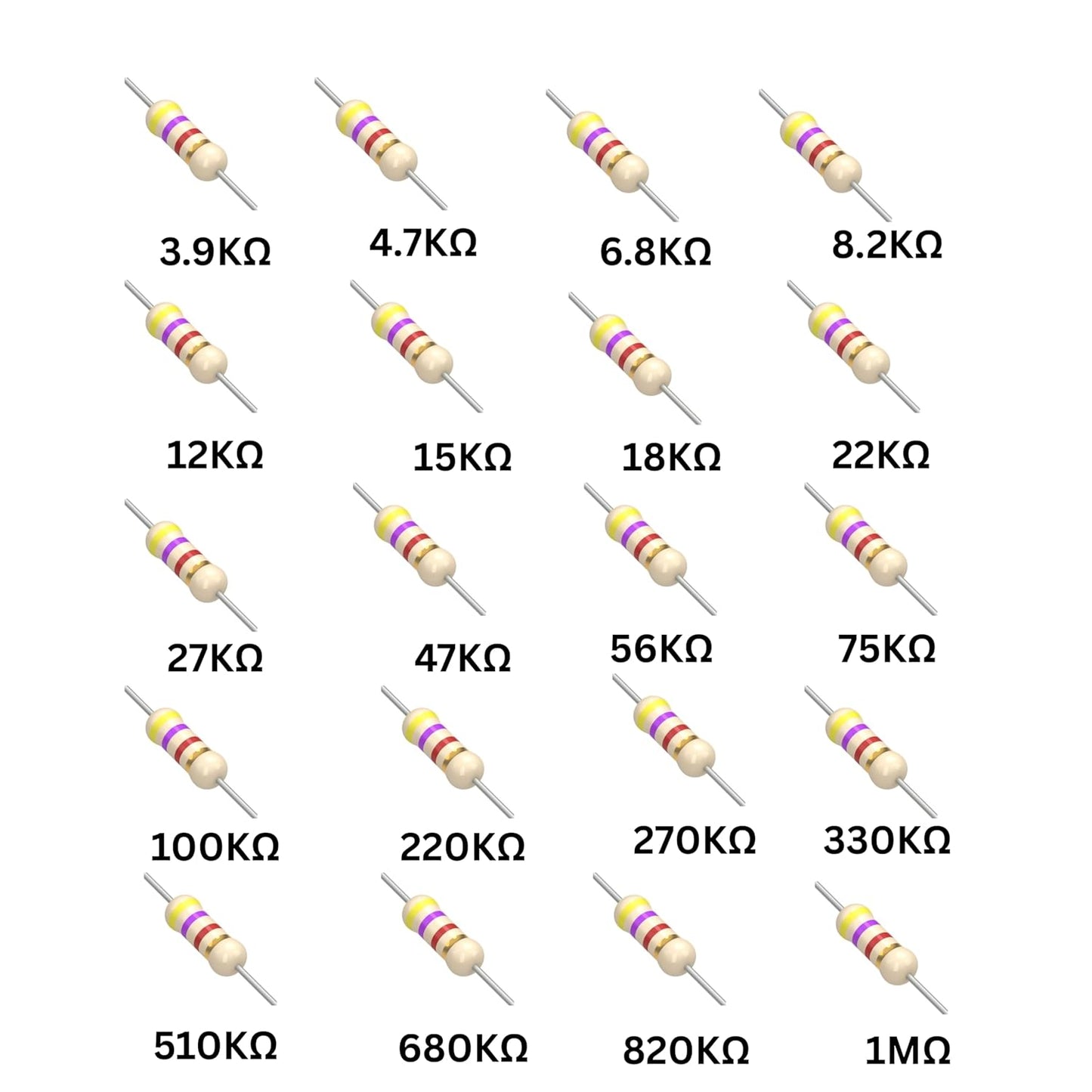 Assorted Resistor Kit - 1000 Pieces, 40 Values, 1/4 Watt