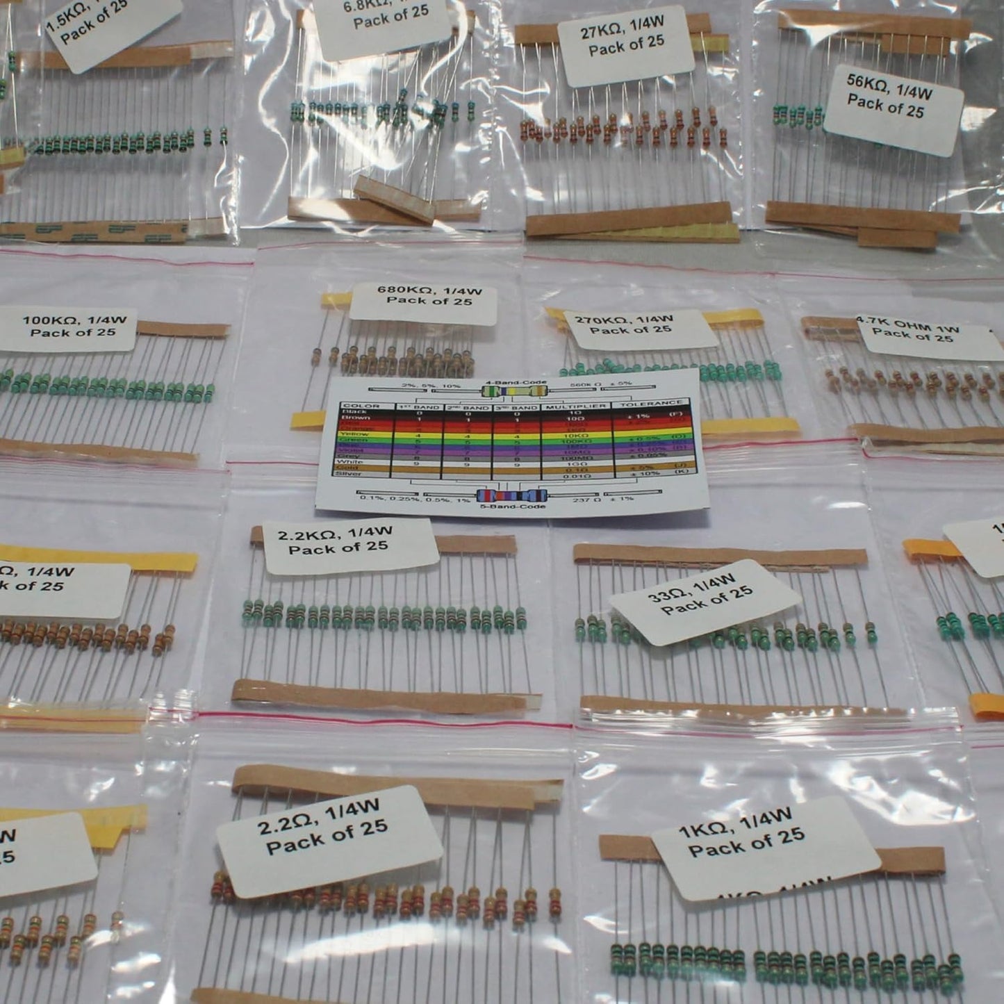 Assorted Resistor Kit - 500 Pieces, 20 Values, 1/4 Watt