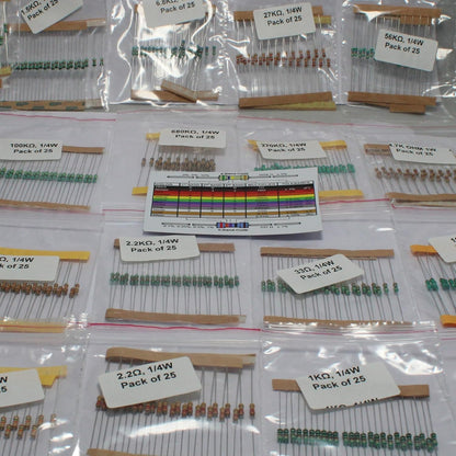 Assorted Resistor Kit - 500 Pieces, 20 Values, 1/4 Watt