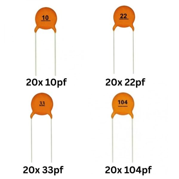 Ceramic Disc Capacitor Combo Kit (Pack of 80), 10pF 22pF 33pF 104 (100nF), for Arduino DIY Electronics STEM Projects & Repair Work