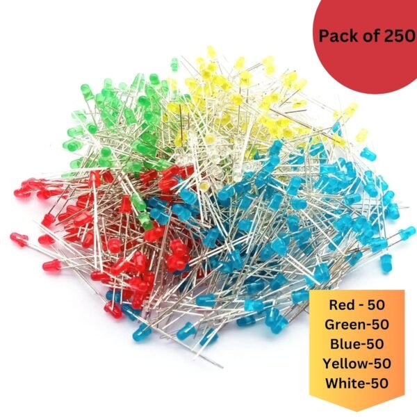 3mm LED Light Kit, Assorted Colors, White Yellow Red Green Blue, DIY Electronics Projects (Pack of 250)