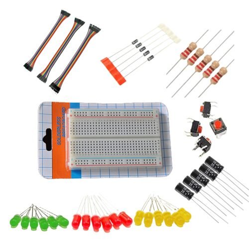 Electronics Starter Kit with Breadboard, Jumper Wires, LEDs, Resistors, Capacitors and Buttons, DIY Components Set for beginners