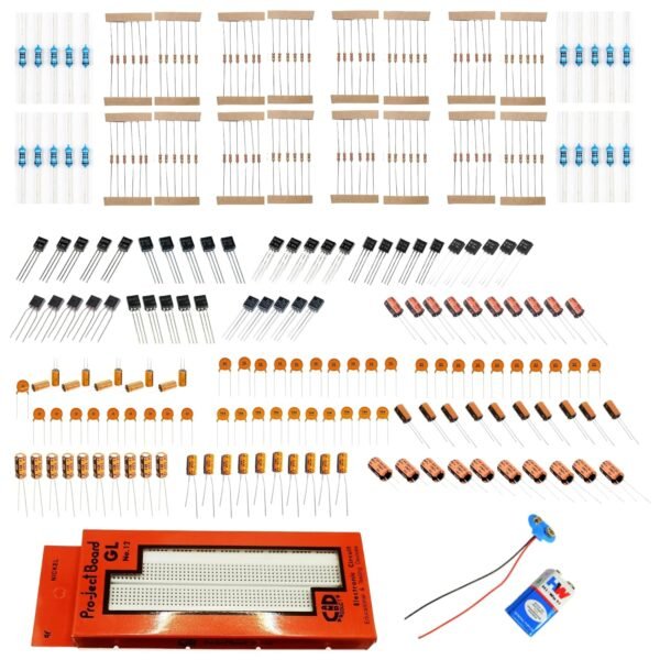 340+ Electronic components kit - For DIY Projects - small prototyping projects - science projects | Resistors, Capacitors & Transistors kit (With Breadboard, 9v battery & snap)